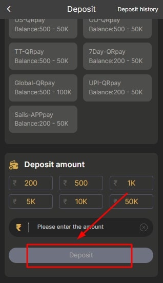 Click on deposit