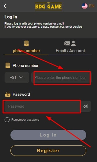 enter mobile number and password to login