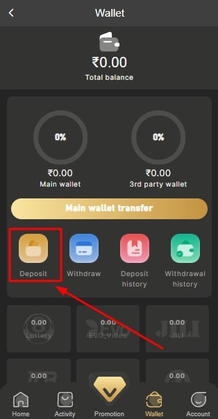 Click on the deposit option